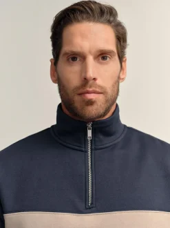 Next Quarter Zip Colour Blocking Sweatshirt Navy Blue/Neutral Online