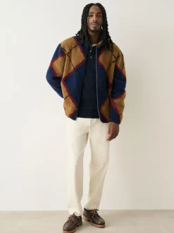 Next Zip Through Printed Fleece Navy Blue/Tan Brown Argyle New