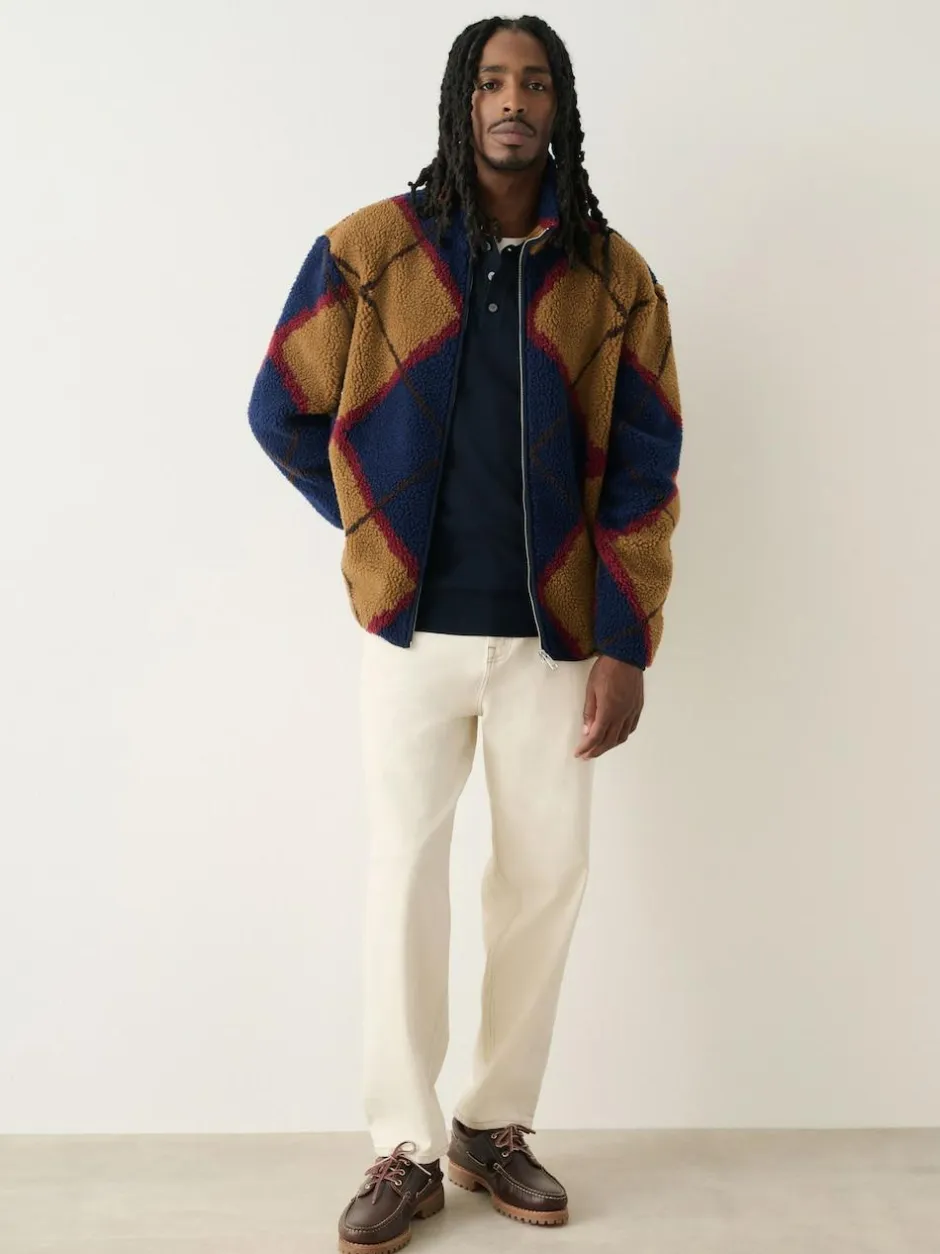 Next Zip Through Printed Fleece Navy Blue/Tan Brown Argyle New