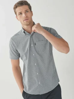 Next Navy Blue/White Gingham Check Easy Iron Button Down Short Sleeve Oxford Shirt