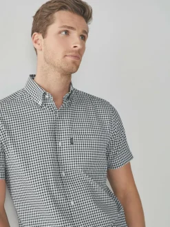 Next Navy Blue/White Gingham Check Easy Iron Button Down Short Sleeve Oxford Shirt