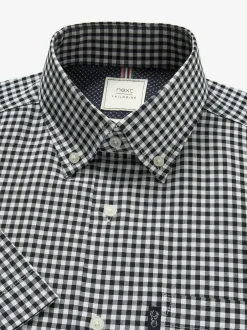 Next Navy Blue/White Gingham Check Easy Iron Button Down Short Sleeve Oxford Shirt