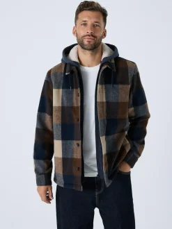 Next Navy Borg Lined Check Hooded Shacket Hot