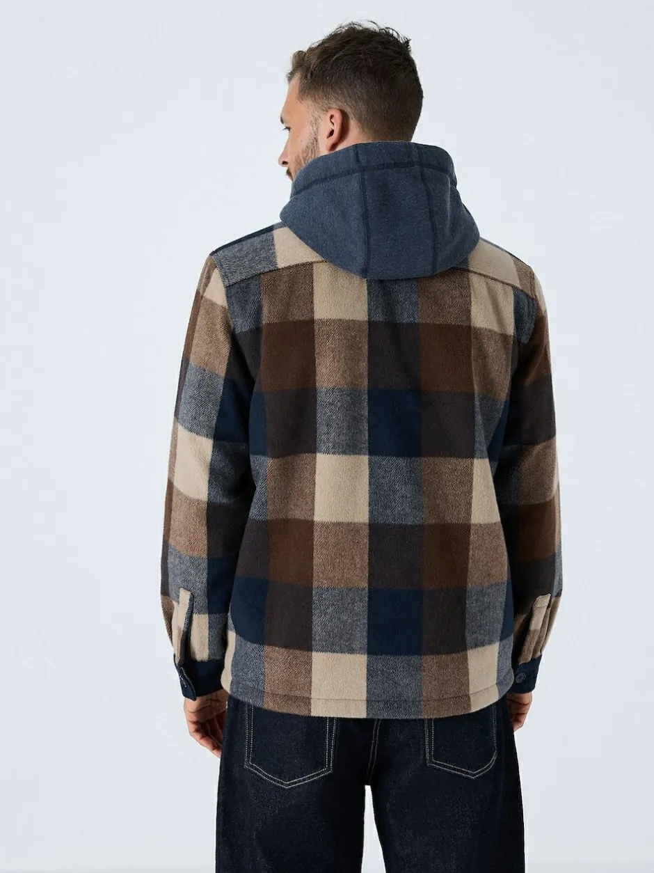 Next Navy Borg Lined Check Hooded Shacket Hot