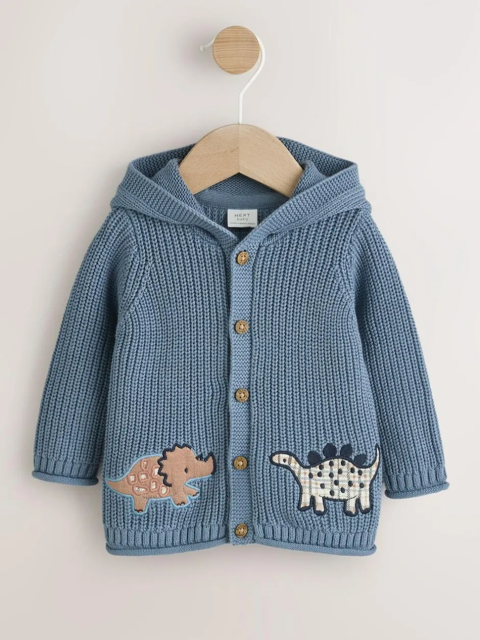 Next Navy Dinosaur Print Embroidered Baby Knitted Hooded Cardigan (0mths-2yrs) Clearance