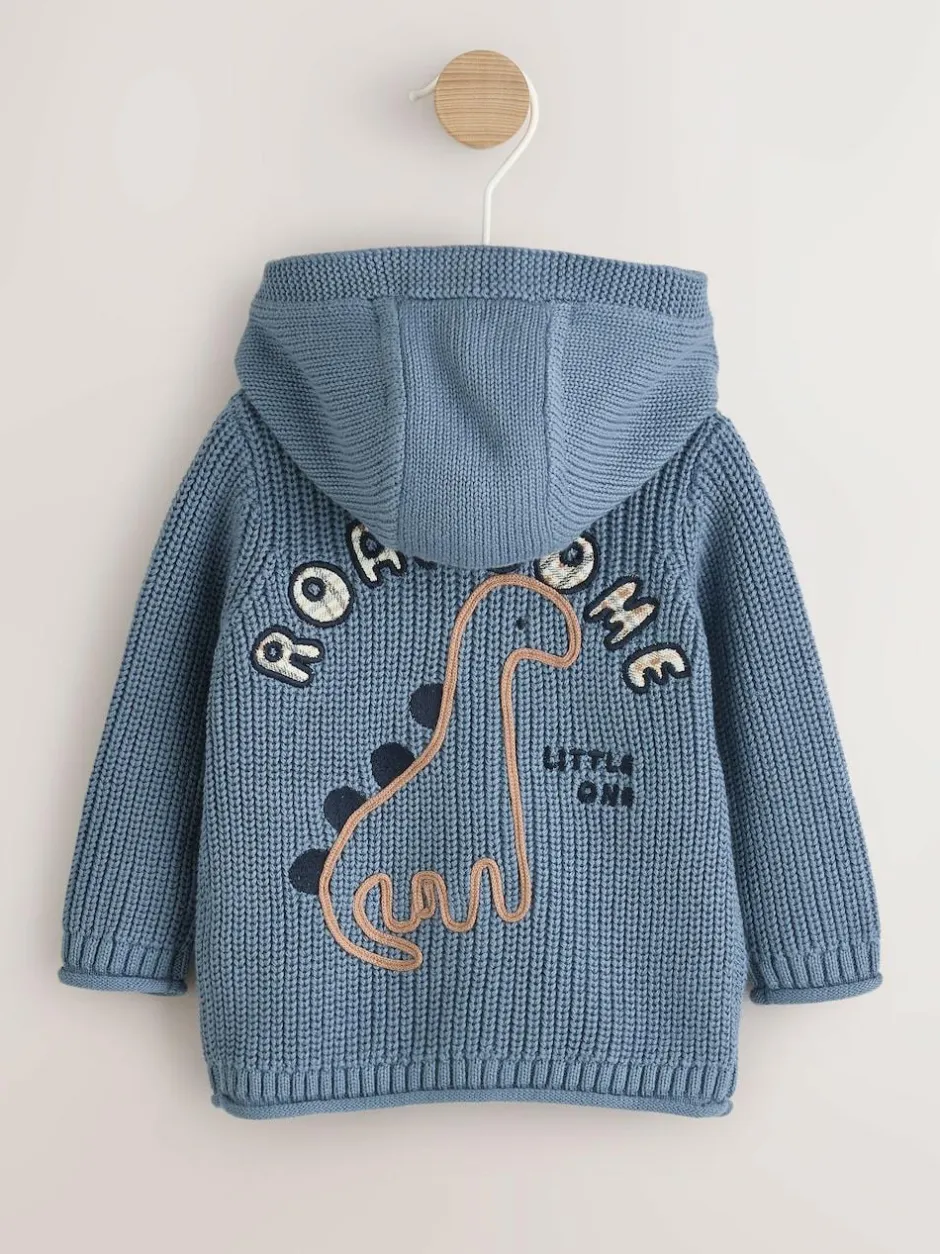 Next Navy Dinosaur Print Embroidered Baby Knitted Hooded Cardigan (0mths-2yrs) Clearance
