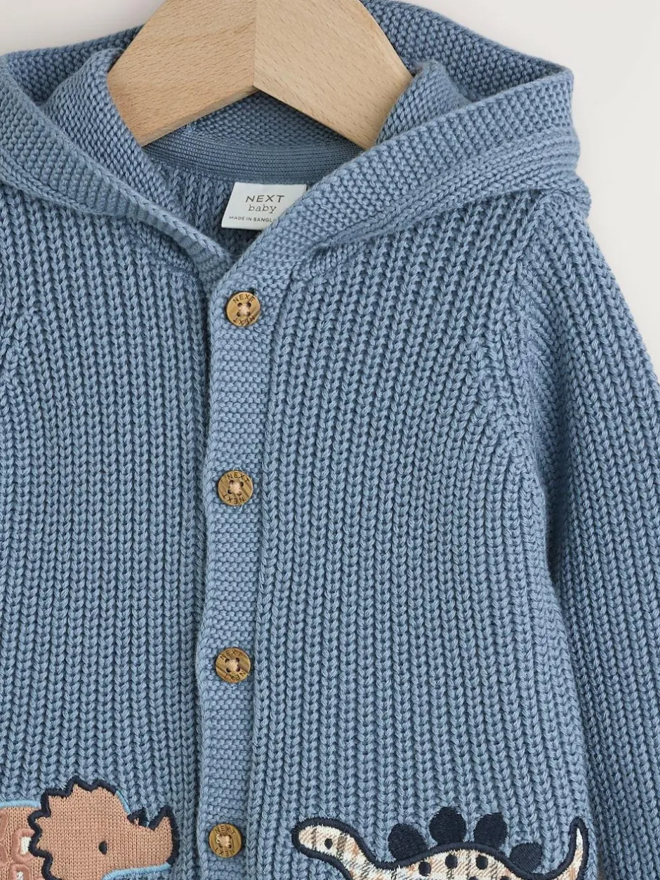 Next Navy Dinosaur Print Embroidered Baby Knitted Hooded Cardigan (0mths-2yrs) Clearance