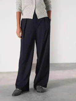 Next Navy Elastic Back Wide Leg Trousers With Wool New