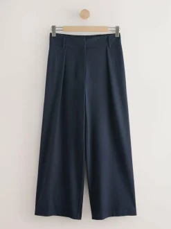 Next Navy Elastic Back Wide Leg Trousers With Wool New