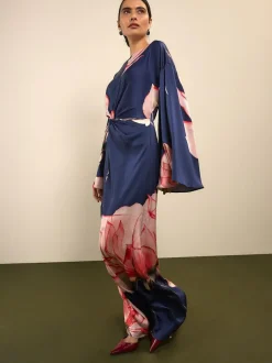 Next Twist Front Long Sleeve Satin Maxi Dress Navy Floral Hot