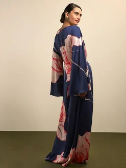 Next Twist Front Long Sleeve Satin Maxi Dress Navy Floral Hot
