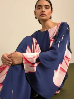 Next Twist Front Long Sleeve Satin Maxi Dress Navy Floral Hot