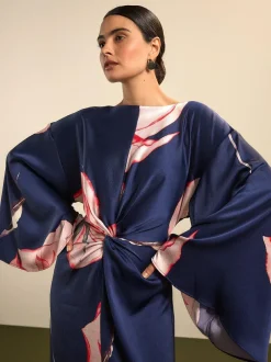 Next Twist Front Long Sleeve Satin Maxi Dress Navy Floral Hot