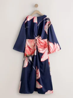 Next Twist Front Long Sleeve Satin Maxi Dress Navy Floral Hot
