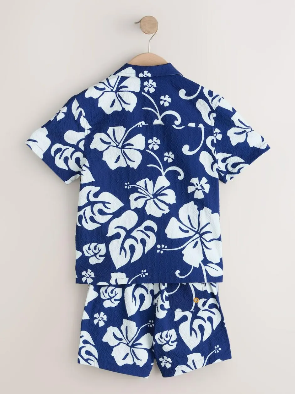 Next Swim Shorts and Shirt Set (3-16yrs) Navy Hawaiian Print Clearance