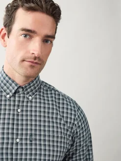 Next Navy Micro Check Regular Fit Easy Iron Button Down Oxford Shirt Clearance