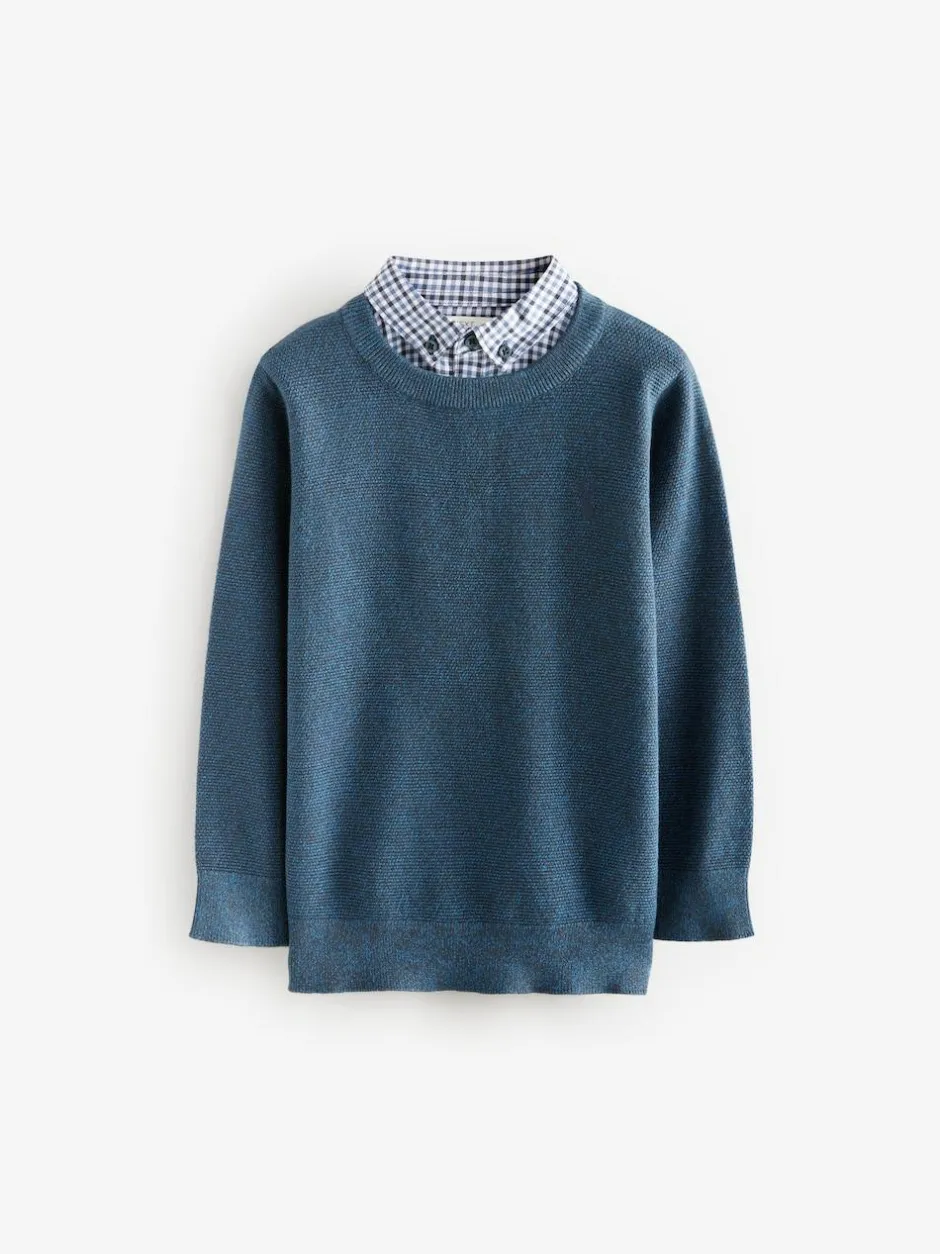 Next Mock Gingham Shirt and Crew Neck 100% Cotton Jumper (3-16yrs) Navy Sale