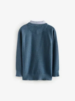 Next Mock Gingham Shirt and Crew Neck 100% Cotton Jumper (3-16yrs) Navy Sale
