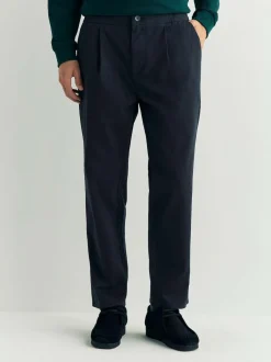Next Regular Tapered Fit Pleated Stretch Chinos Trousers With Elasticated Waist Navy Hot