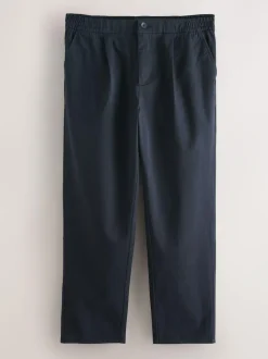 Next Regular Tapered Fit Pleated Stretch Chinos Trousers With Elasticated Waist Navy Hot