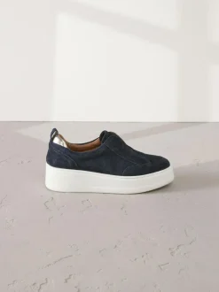 Next Slip On Signature Leather Chunky Wedge Platform Trainers Navy New
