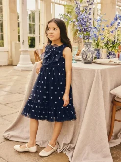 Next Flower Corsage Mesh Occasion Dress (3-16yrs) Navy Spot Sale