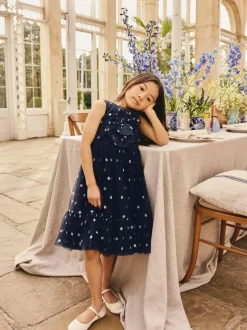 Next Flower Corsage Mesh Occasion Dress (3-16yrs) Navy Spot Sale