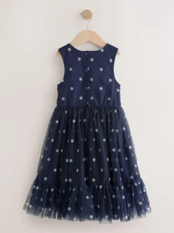 Next Flower Corsage Mesh Occasion Dress (3-16yrs) Navy Spot Sale