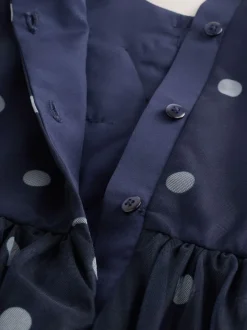 Next Flower Corsage Mesh Occasion Dress (3-16yrs) Navy Spot Sale