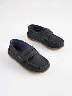Next Standard Fit (F) Leather Penny Loafers with Touch and Close Fastening Navy Sale