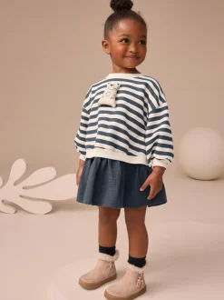 Next Mesh Skirt Sweat Dress (3mths-7yrs) Navy Striped New
