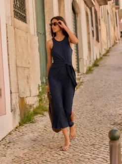 Next Navy Textured Jersey Tie Waist Maxi Dress Hot