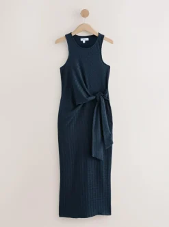 Next Navy Textured Jersey Tie Waist Maxi Dress Hot