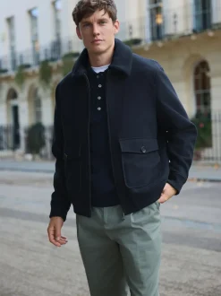 Next Twill Wool Blend Borg Collar Jacket Navy Sale