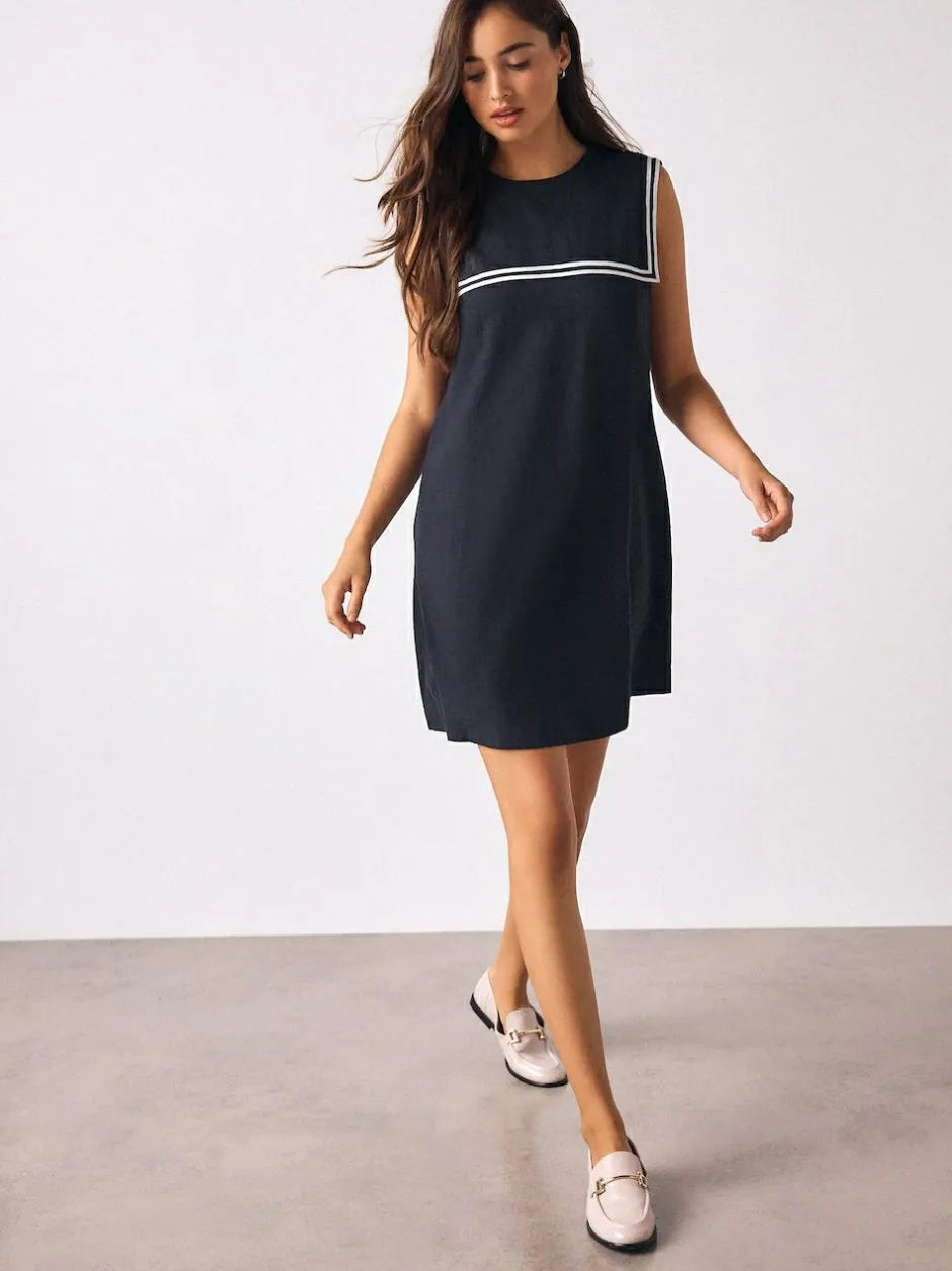 Next Navy with Ecru Tipping Sailor Collar Mini Dress with Linen Clearance