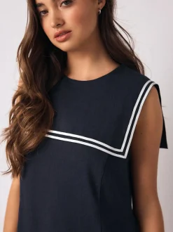 Next Navy with Ecru Tipping Sailor Collar Mini Dress with Linen Clearance