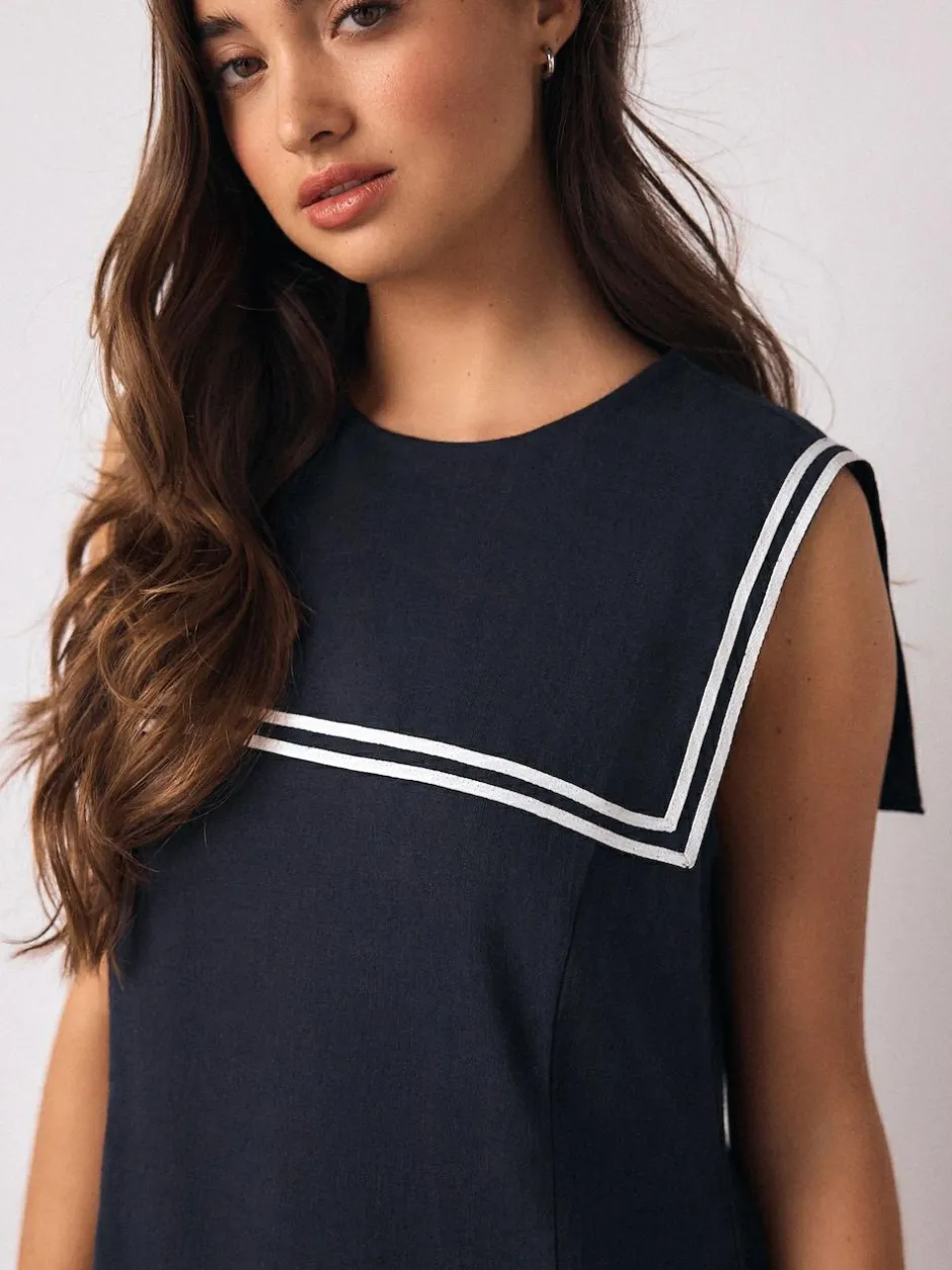 Next Navy with Ecru Tipping Sailor Collar Mini Dress with Linen Clearance