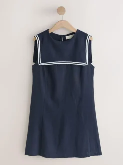 Next Navy with Ecru Tipping Sailor Collar Mini Dress with Linen Clearance