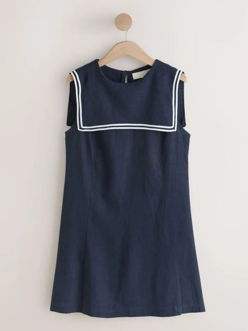 Next Navy with Ecru Tipping Sailor Collar Mini Dress with Linen Clearance