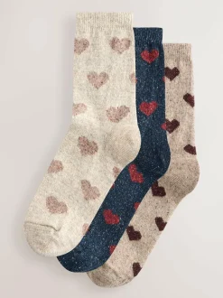 Next Navy/Berry Hearts Thermal Wool Blend Ankle Socks 3 Pack With Silk New