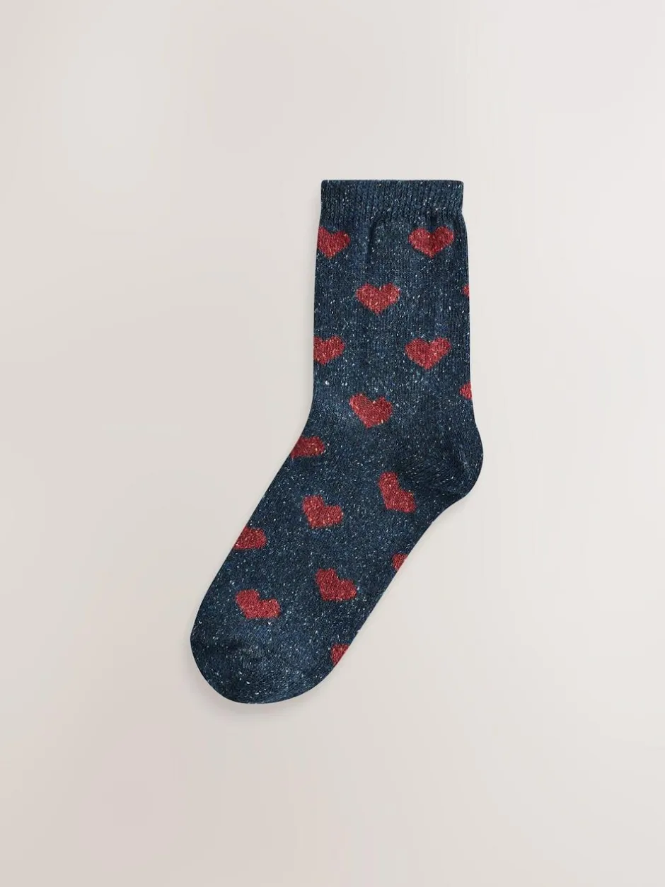 Next Navy/Berry Hearts Thermal Wool Blend Ankle Socks 3 Pack With Silk New