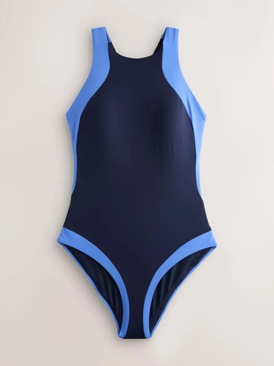 Next High Neck Halterneck Tummy Control Swimsuit Navy/Blue New
