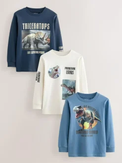 Next Graphic Long Sleeve T-Shirts 3 Pack (3-16yrs) Navy/Blue/Ecru Dino Hot