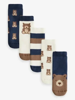 Next Navy/Ecru Bear Cosy Terry Cotton Rich Socks 5 Pack New