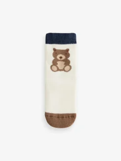 Next Navy/Ecru Bear Cosy Terry Cotton Rich Socks 5 Pack New
