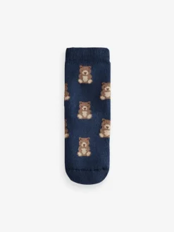 Next Navy/Ecru Bear Cosy Terry Cotton Rich Socks 5 Pack New