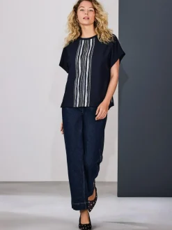 Next Short Sleeve Keyhole Crew Neck Top Navy/Ecru Stripe New