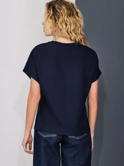 Next Short Sleeve Keyhole Crew Neck Top Navy/Ecru Stripe New