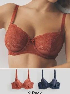 Next Non Pad Balcony DD+ Lace Bras 2 Pack Navy/Rust Clearance
