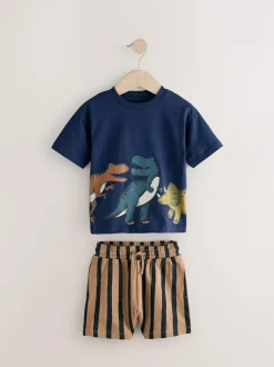Next Short Sleeve T-Shirt & Shorts Set 2 Pack (3mths-7yrs) (3mths-7yrs) Navy/Stone Clearance